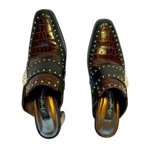 Brighton Womens Mules Theme Brown Leather Stud Block Heel Slip On Shoes Sz 5.5M